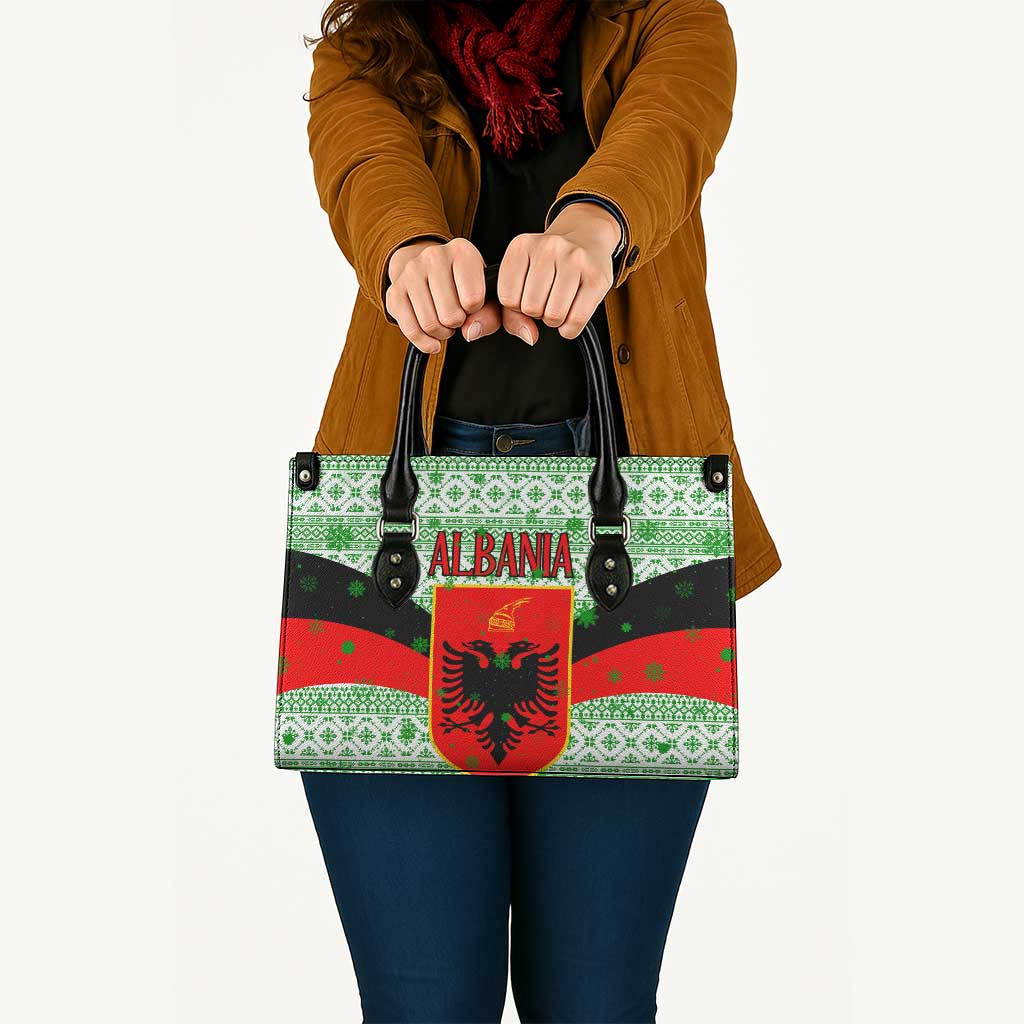 Albania Christmas Leather Bag with Green-Red Design, Double-Headed Eagle Emblem, and Santa Motif - Wonder Print Shop