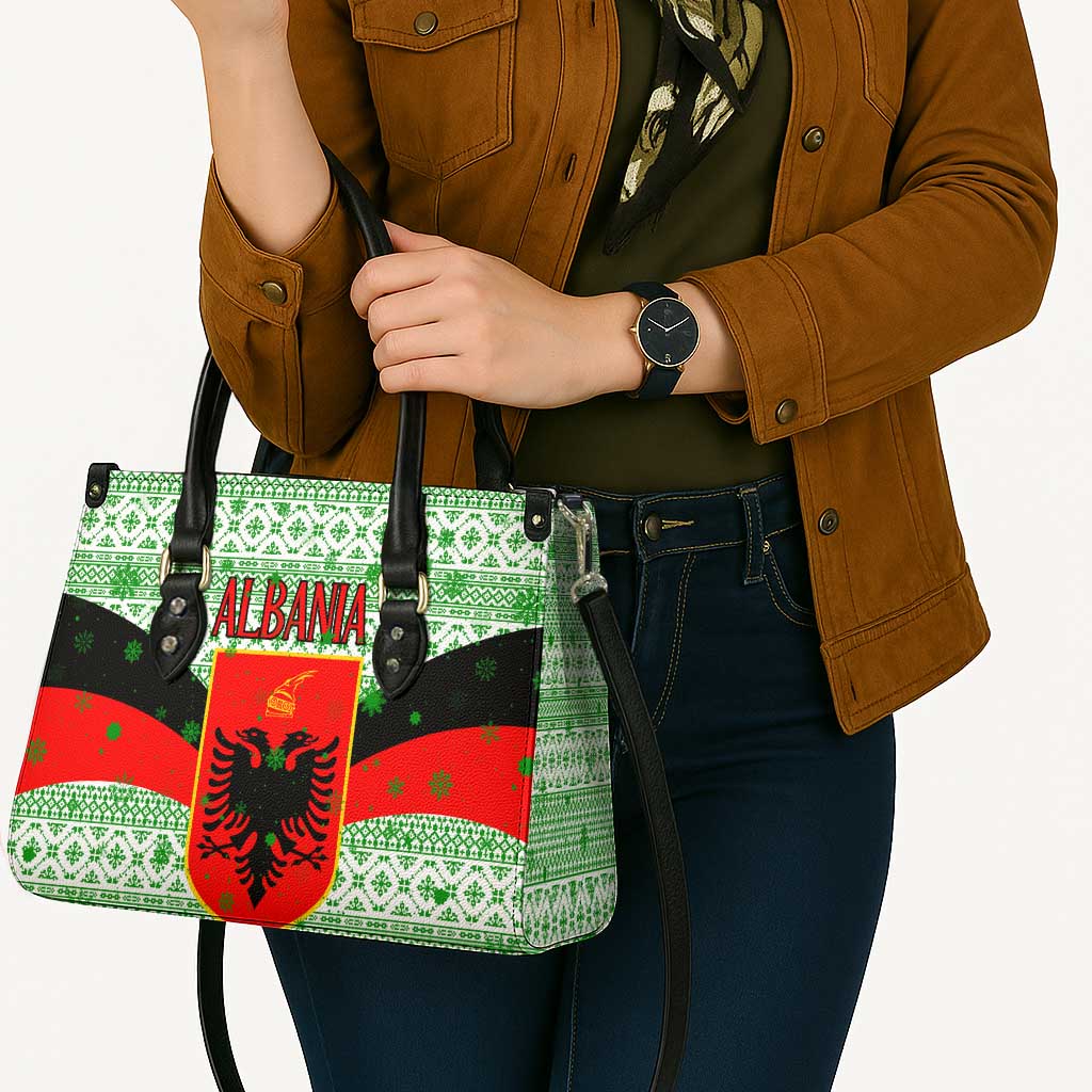 Albania Christmas Leather Bag with Green-Red Design, Double-Headed Eagle Emblem, and Santa Motif - Wonder Print Shop