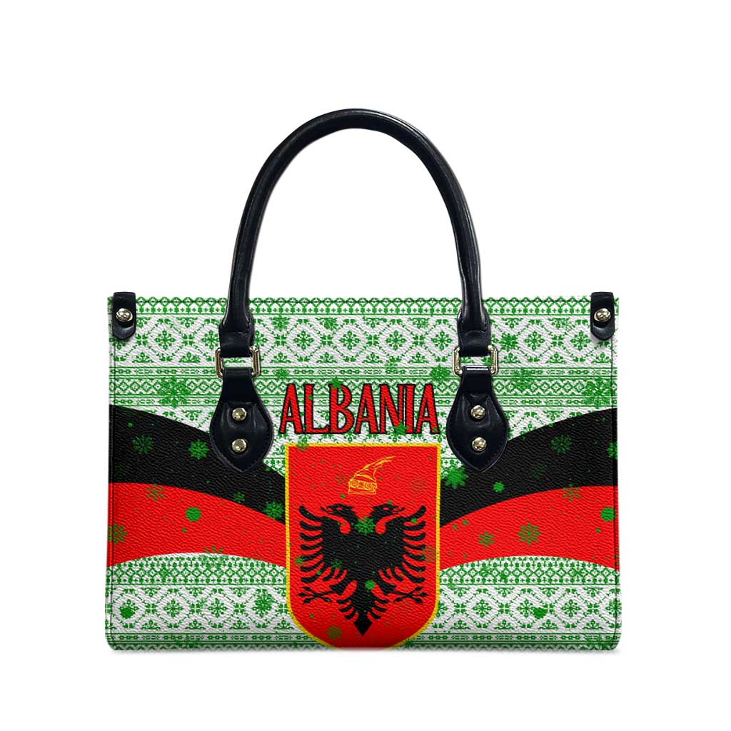 Albania Christmas Leather Bag with Green-Red Design, Double-Headed Eagle Emblem, and Santa Motif - Wonder Print Shop