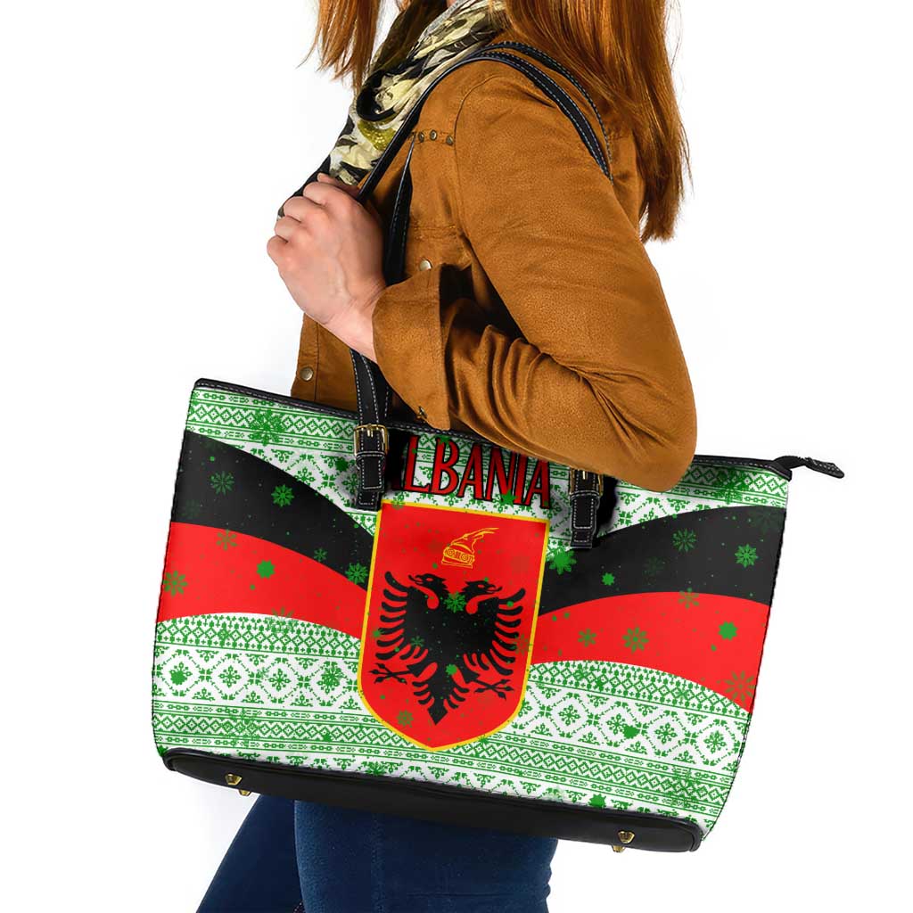 Albania Christmas Leather Tote Bag with Green-Red Design, Double-Headed Eagle Emblem, and Santa Motif - Wonder Print Shop