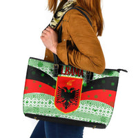 Albania Christmas Leather Tote Bag with Green-Red Design, Double-Headed Eagle Emblem, and Santa Motif - Wonder Print Shop