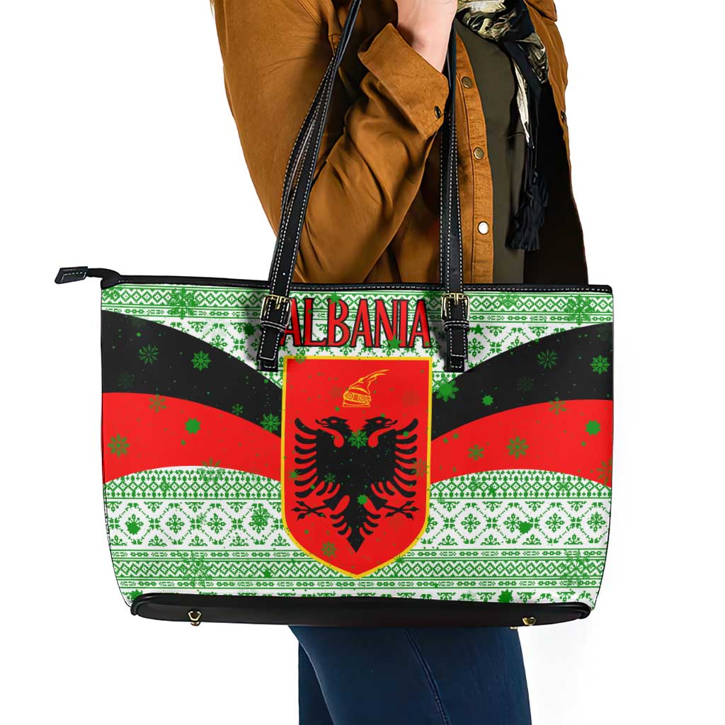 Albania Christmas Leather Tote Bag with Green-Red Design, Double-Headed Eagle Emblem, and Santa Motif - Wonder Print Shop