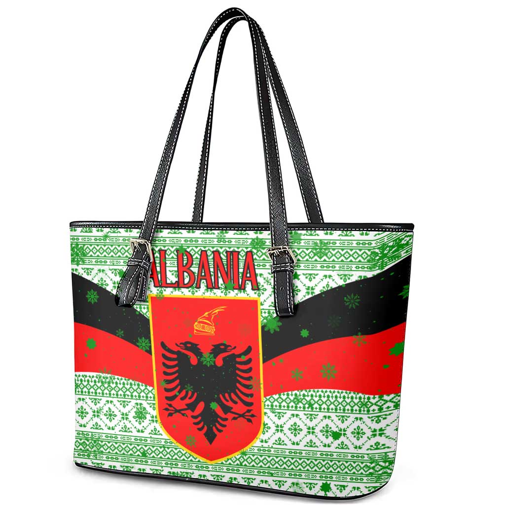 Albania Christmas Leather Tote Bag with Green-Red Design, Double-Headed Eagle Emblem, and Santa Motif - Wonder Print Shop