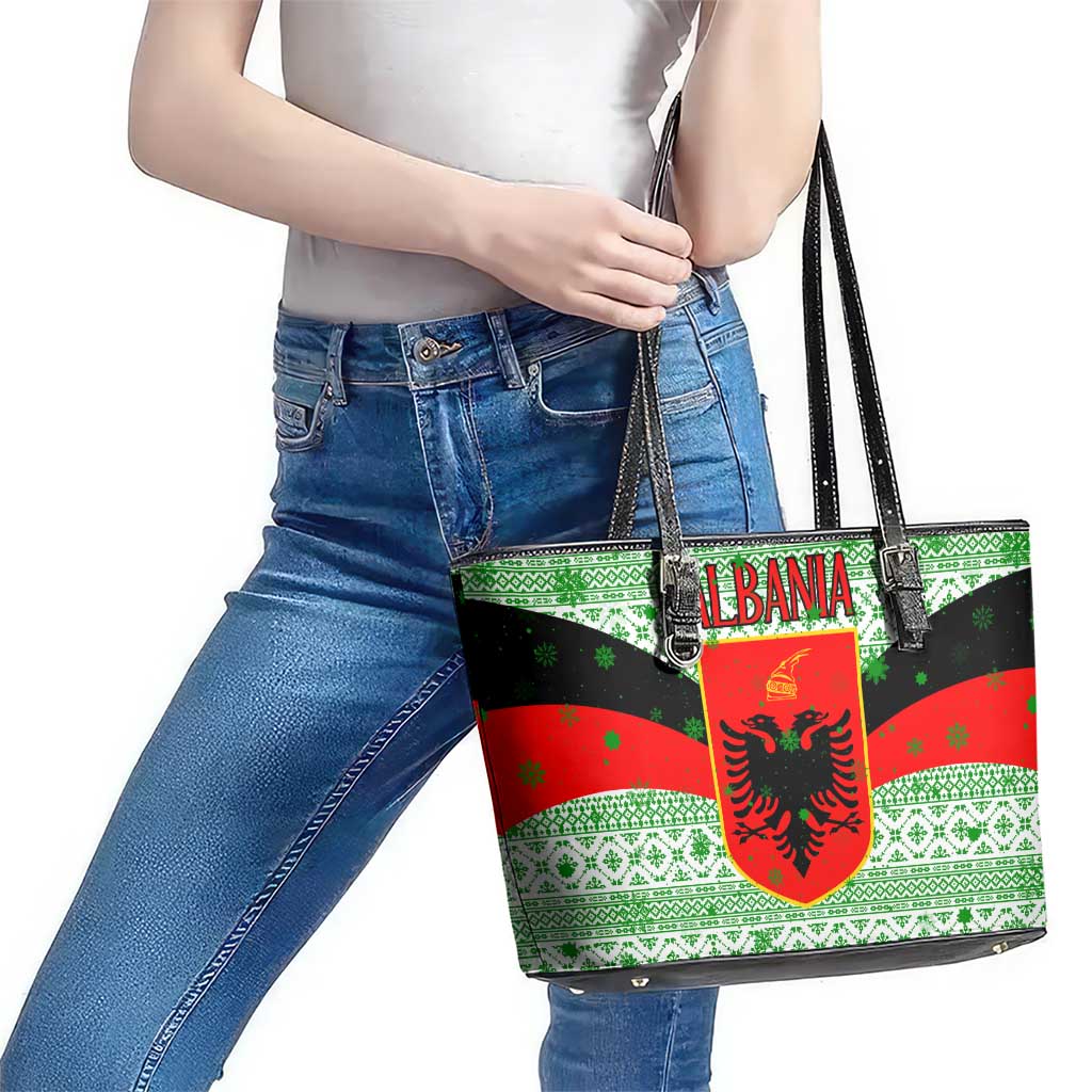 Albania Christmas Leather Tote Bag with Green-Red Design, Double-Headed Eagle Emblem, and Santa Motif - Wonder Print Shop