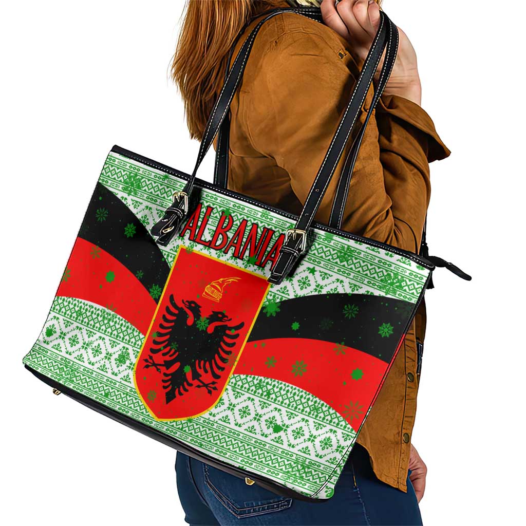 Albania Christmas Leather Tote Bag with Green-Red Design, Double-Headed Eagle Emblem, and Santa Motif - Wonder Print Shop
