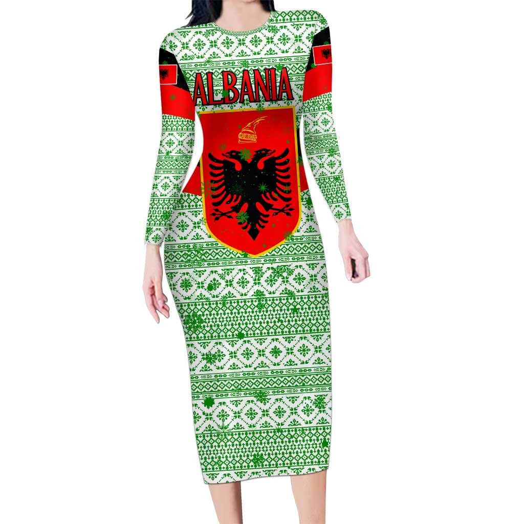 Albania Christmas Long Sleeve Bodycon Dress with Green-Red Design, Double-Headed Eagle Emblem, and Santa Motif - Wonder Print Shop