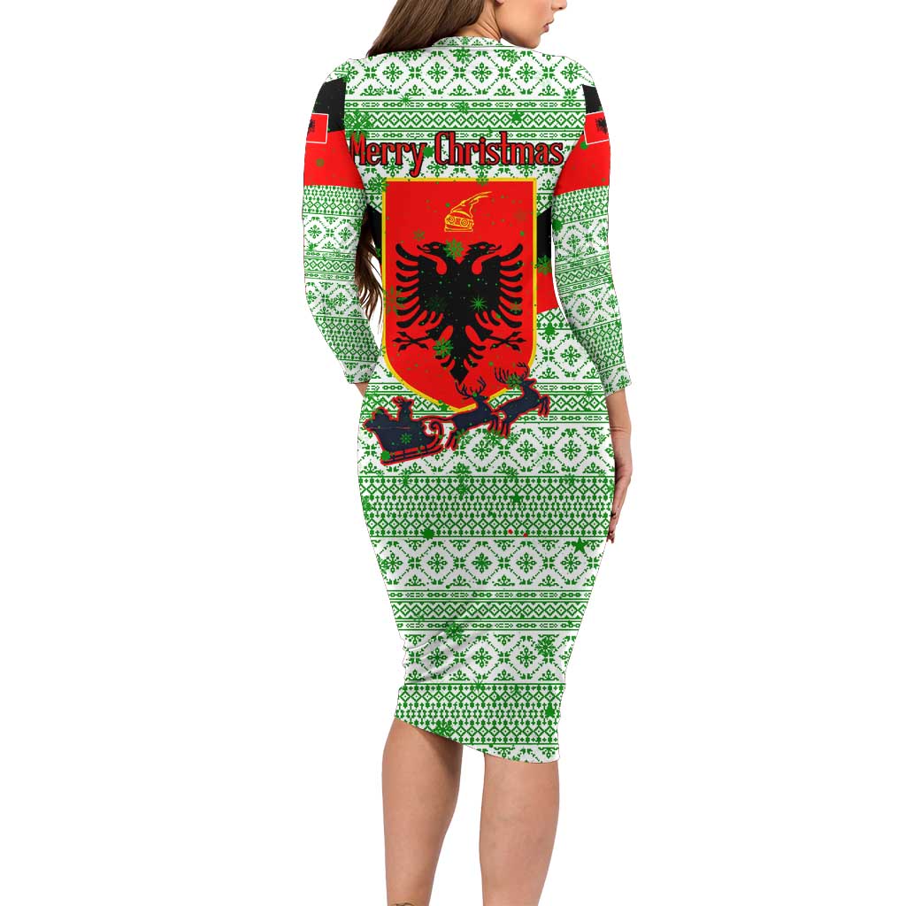 Albania Christmas Long Sleeve Bodycon Dress with Green-Red Design, Double-Headed Eagle Emblem, and Santa Motif - Wonder Print Shop