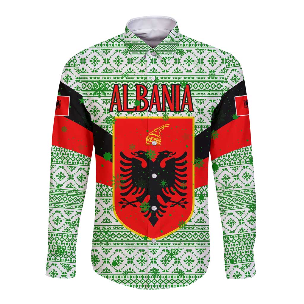 Albania Christmas Long Sleeve Button Shirt with Green-Red Design, Double-Headed Eagle Emblem, and Santa Motif - Wonder Print Shop