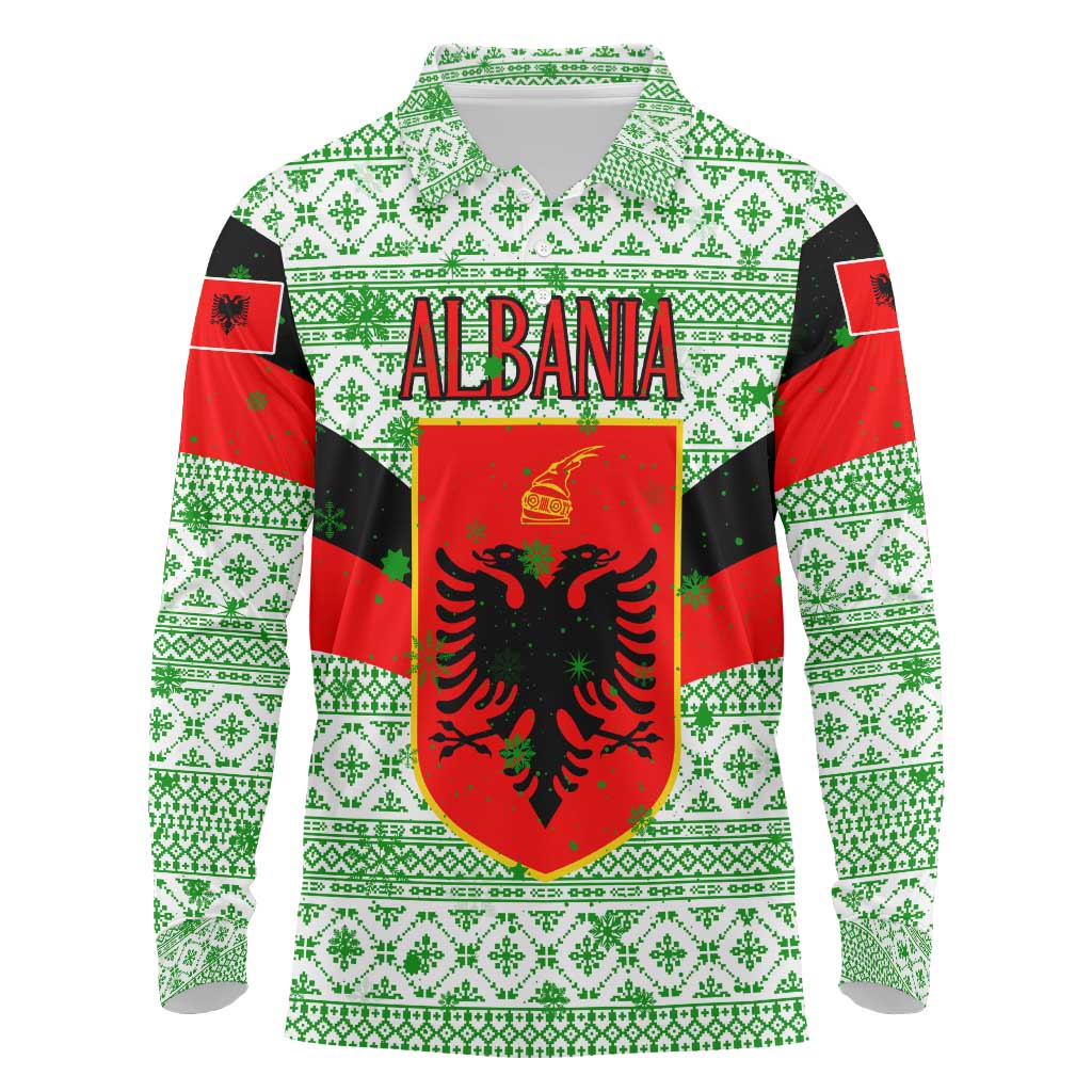 Albania Christmas Long Sleeve Polo Shirt with Green-Red Design, Double-Headed Eagle Emblem, and Santa Motif - Wonder Print Shop