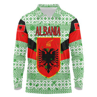 Albania Christmas Long Sleeve Polo Shirt with Green-Red Design, Double-Headed Eagle Emblem, and Santa Motif - Wonder Print Shop