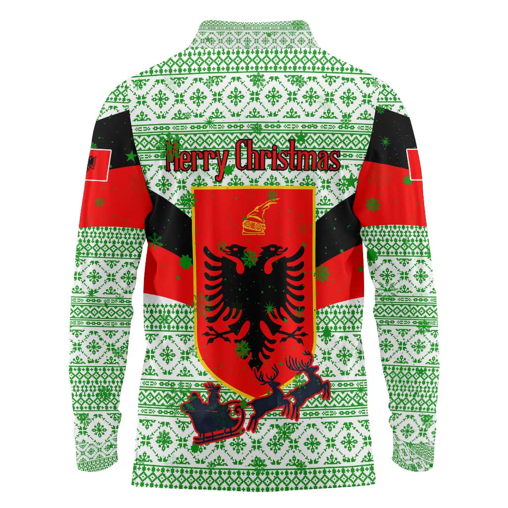 Albania Christmas Long Sleeve Polo Shirt with Green-Red Design, Double-Headed Eagle Emblem, and Santa Motif - Wonder Print Shop