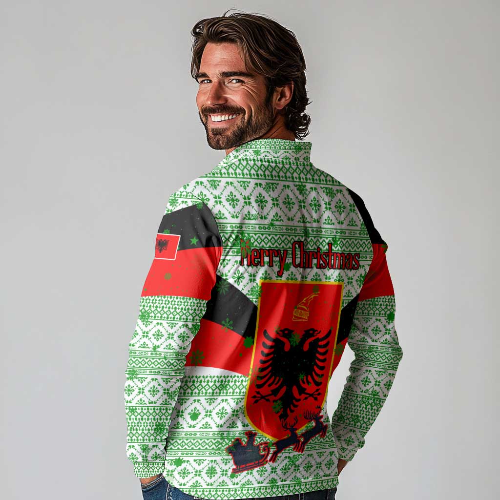Albania Christmas Long Sleeve Polo Shirt with Green-Red Design, Double-Headed Eagle Emblem, and Santa Motif - Wonder Print Shop