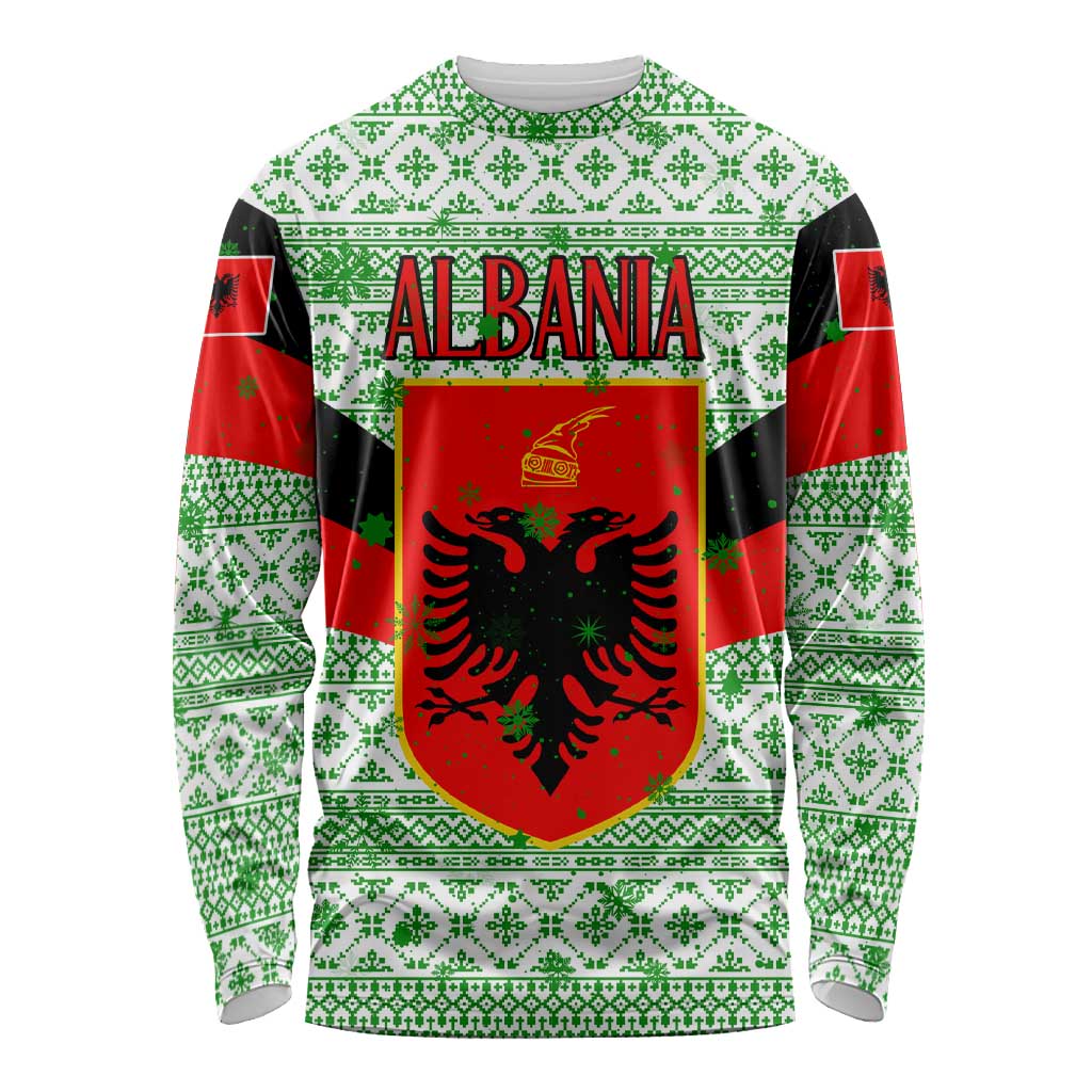 Albania Christmas Long Sleeve Shirt with Green-Red Design, Double-Headed Eagle Emblem, and Santa Motif - Wonder Print Shop