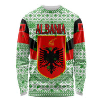 Albania Christmas Long Sleeve Shirt with Green-Red Design, Double-Headed Eagle Emblem, and Santa Motif - Wonder Print Shop