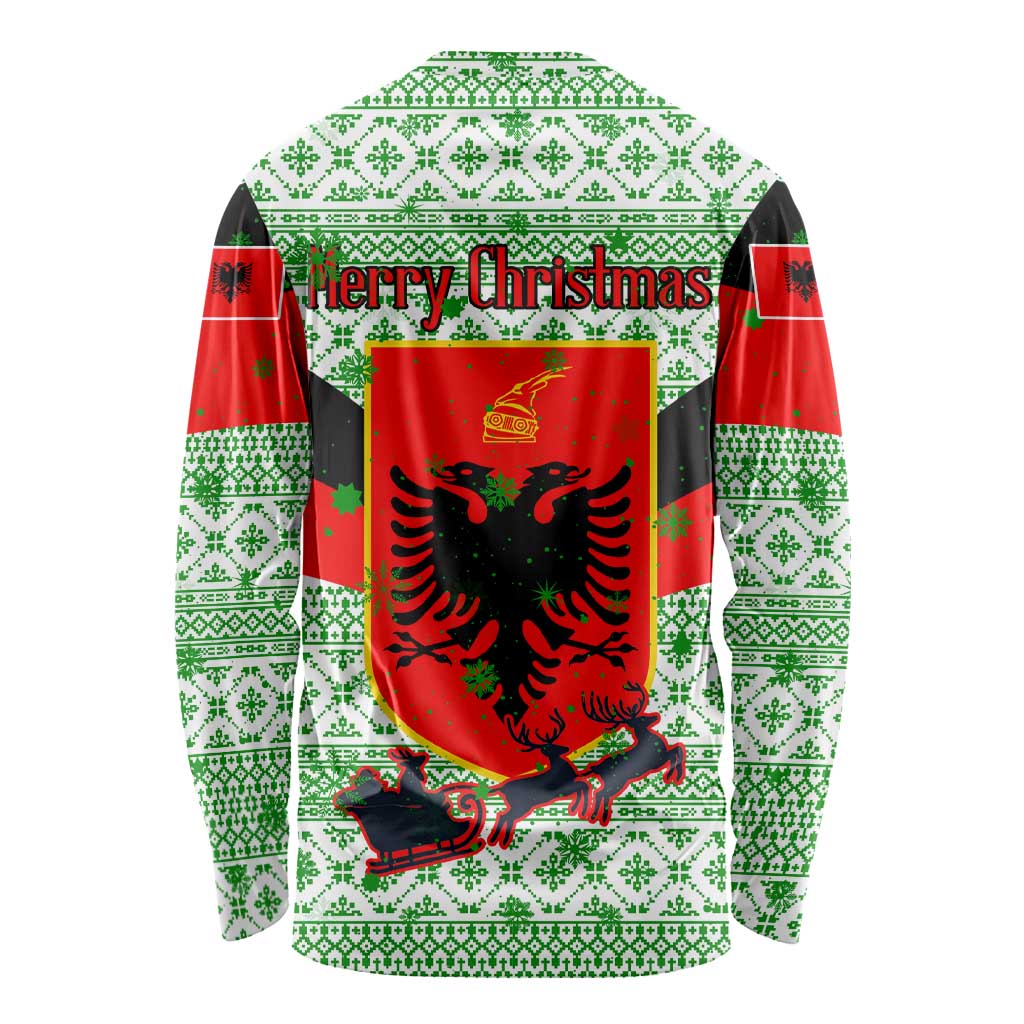 Albania Christmas Long Sleeve Shirt with Green-Red Design, Double-Headed Eagle Emblem, and Santa Motif - Wonder Print Shop