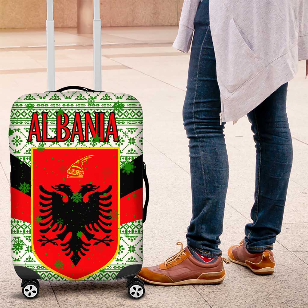 Albania Christmas Luggage Cover with Green-Red Design, Double-Headed Eagle Emblem, and Santa Motif - Wonder Print Shop