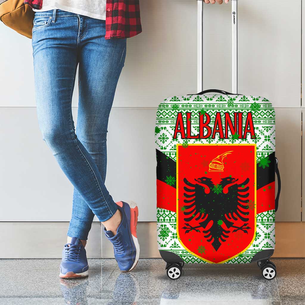 Albania Christmas Luggage Cover with Green-Red Design, Double-Headed Eagle Emblem, and Santa Motif - Wonder Print Shop