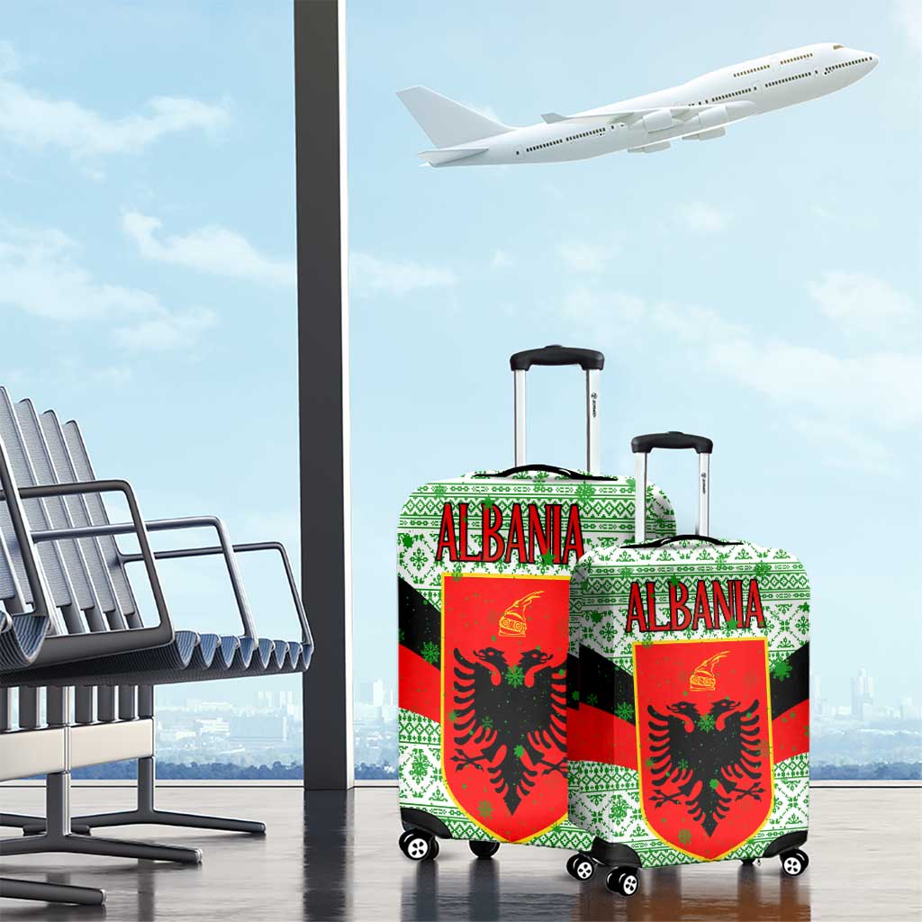 Albania Christmas Luggage Cover with Green-Red Design, Double-Headed Eagle Emblem, and Santa Motif - Wonder Print Shop