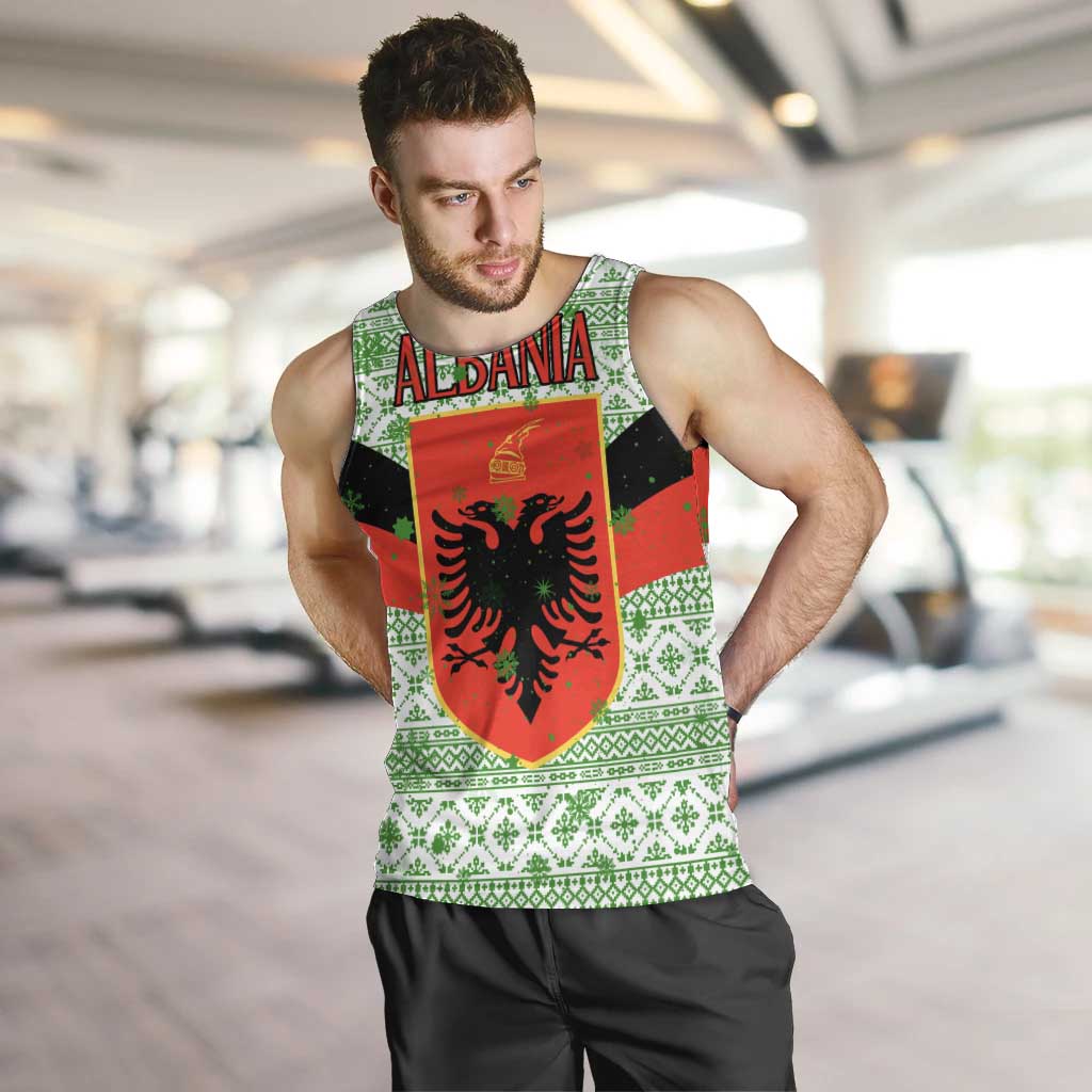 Albania Christmas Men Tank Top with Green-Red Design, Double-Headed Eagle Emblem, and Santa Motif - Wonder Print Shop
