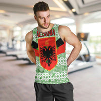 Albania Christmas Men Tank Top with Green-Red Design, Double-Headed Eagle Emblem, and Santa Motif - Wonder Print Shop