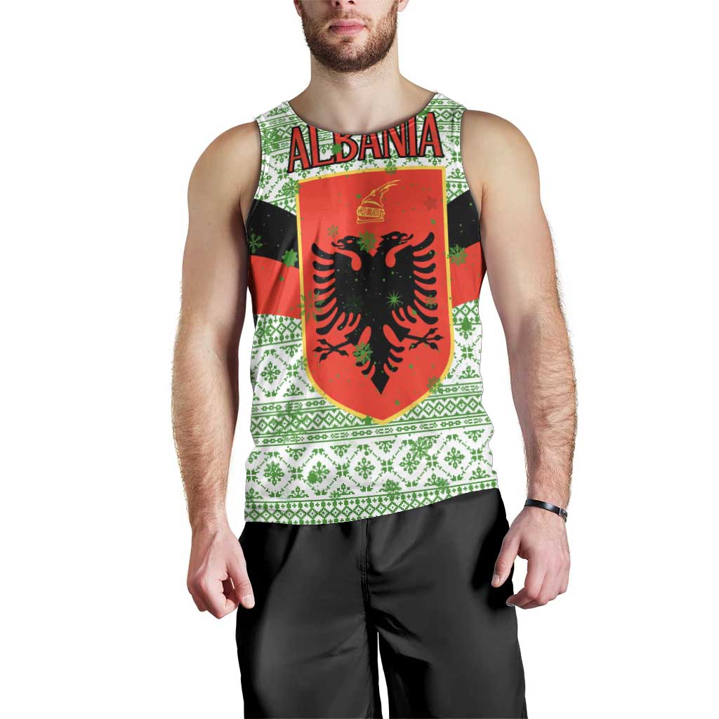 Albania Christmas Men Tank Top with Green-Red Design, Double-Headed Eagle Emblem, and Santa Motif - Wonder Print Shop