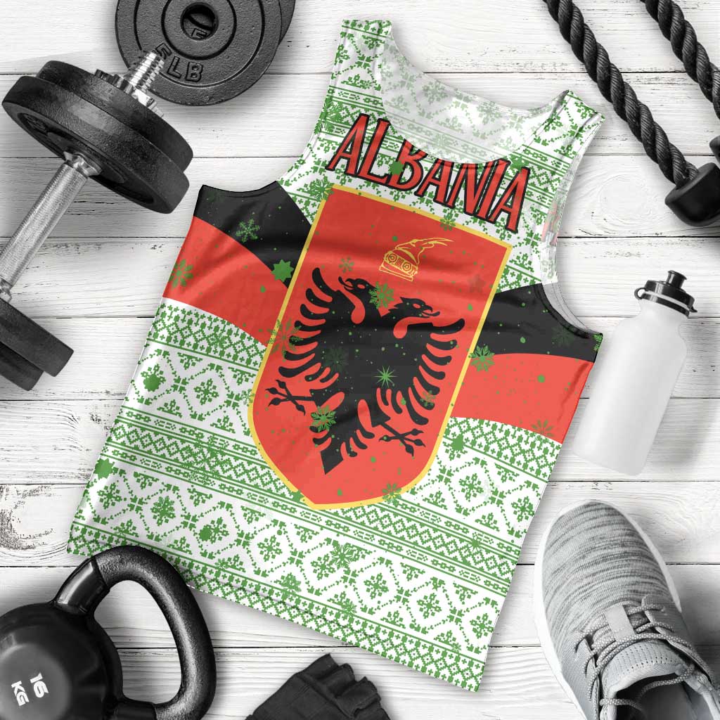Albania Christmas Men Tank Top with Green-Red Design, Double-Headed Eagle Emblem, and Santa Motif - Wonder Print Shop