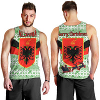 Albania Christmas Men Tank Top with Green-Red Design, Double-Headed Eagle Emblem, and Santa Motif - Wonder Print Shop