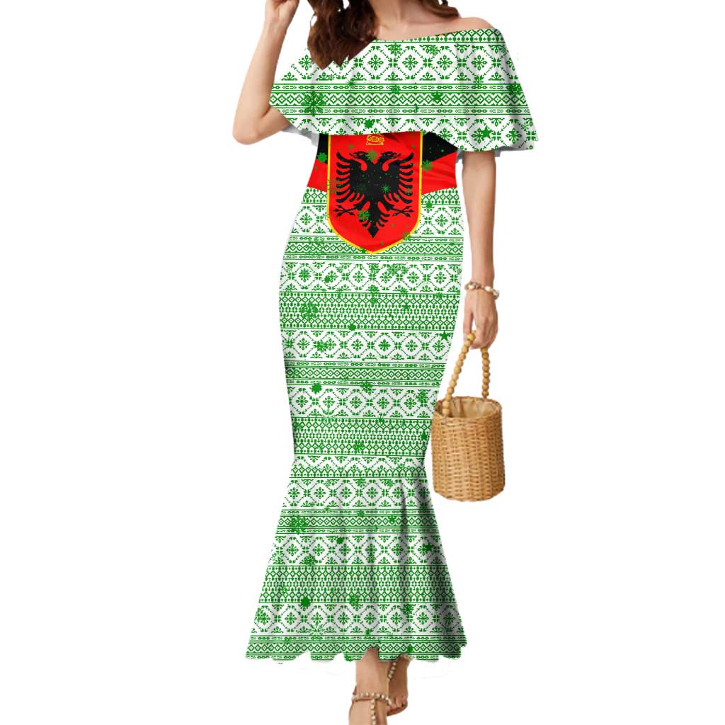 Albania Christmas Mermaid Dress with Green-Red Design, Double-Headed Eagle Emblem, and Santa Motif - Wonder Print Shop