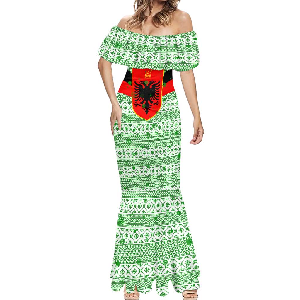 Albania Christmas Mermaid Dress with Green-Red Design, Double-Headed Eagle Emblem, and Santa Motif - Wonder Print Shop