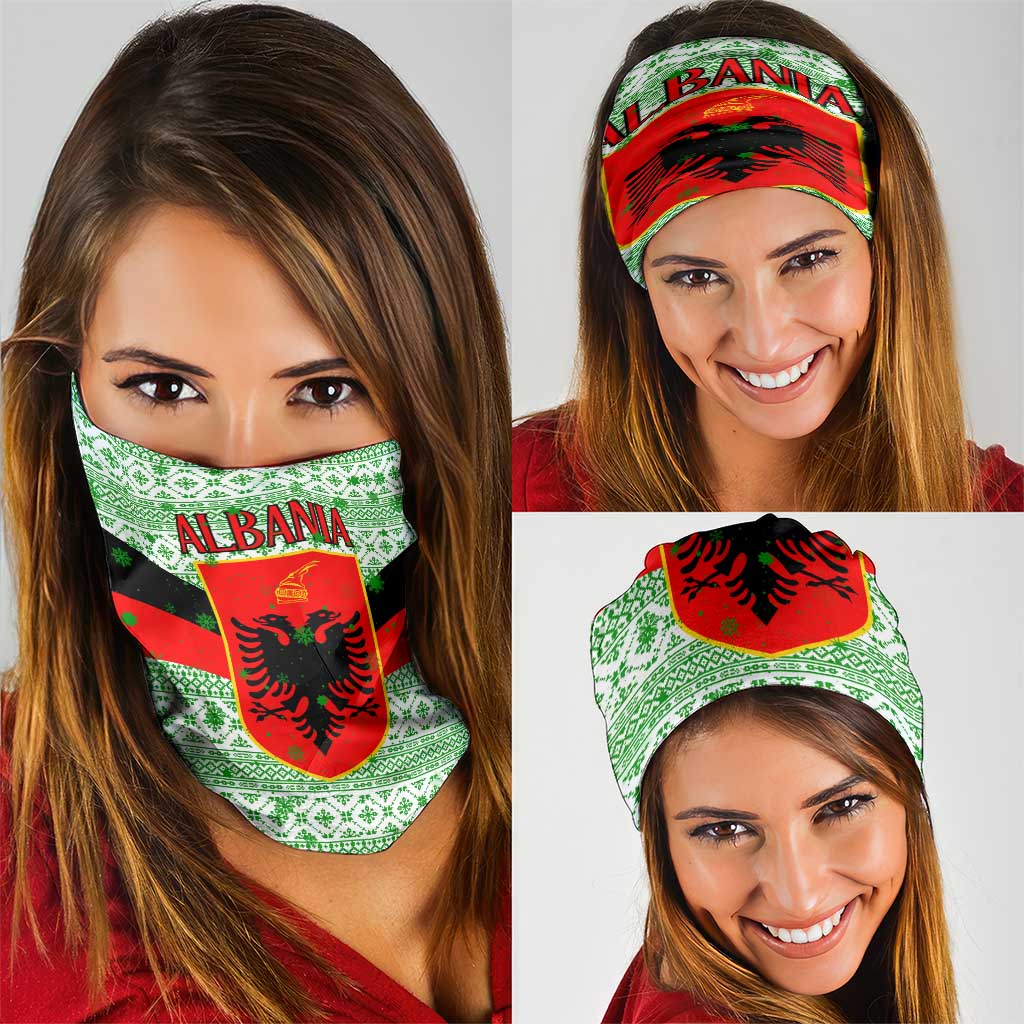 Albania Christmas Neck Gaiter with Green-Red Design, Double-Headed Eagle Emblem, and Santa Motif - Wonder Print Shop