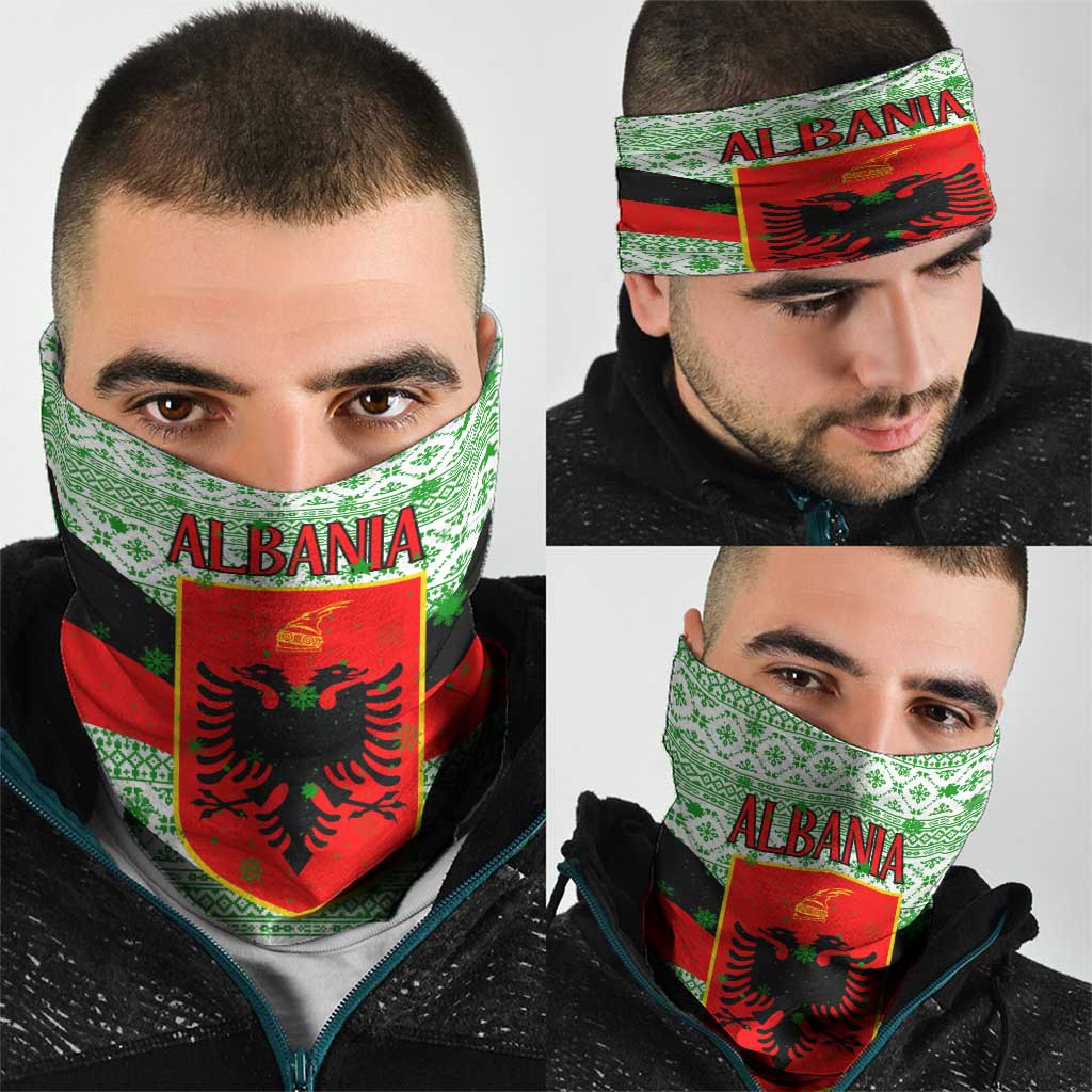 Albania Christmas Neck Gaiter with Green-Red Design, Double-Headed Eagle Emblem, and Santa Motif - Wonder Print Shop