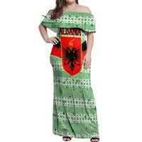 Albania Christmas Off Shoulder Maxi Dress with Green-Red Design, Double-Headed Eagle Emblem, and Santa Motif - Wonder Print Shop