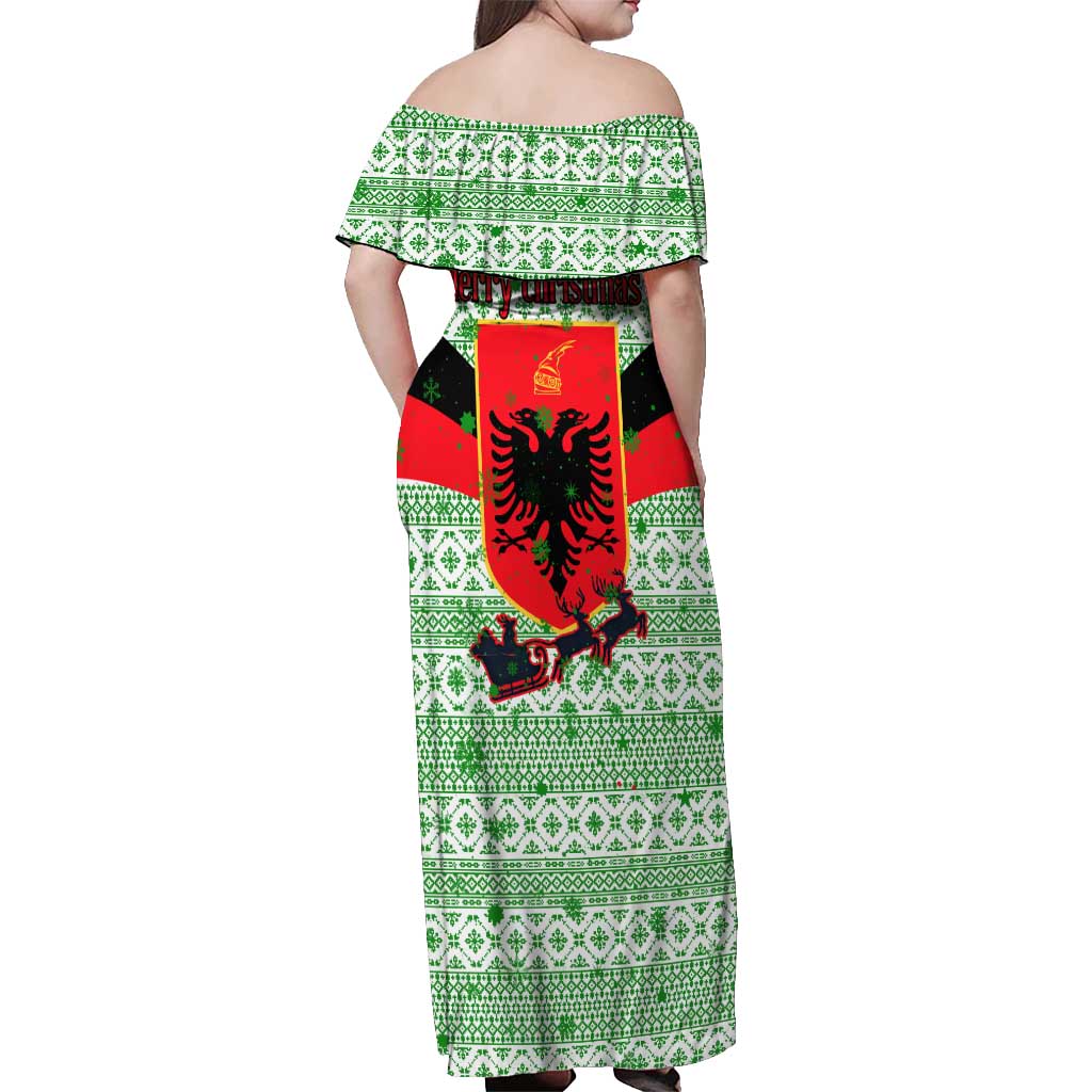 Albania Christmas Off Shoulder Maxi Dress with Green-Red Design, Double-Headed Eagle Emblem, and Santa Motif - Wonder Print Shop