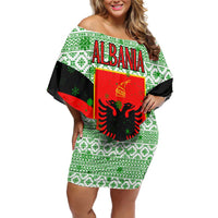 Albania Christmas Off Shoulder Short Dress with Green-Red Design, Double-Headed Eagle Emblem, and Santa Motif - Wonder Print Shop