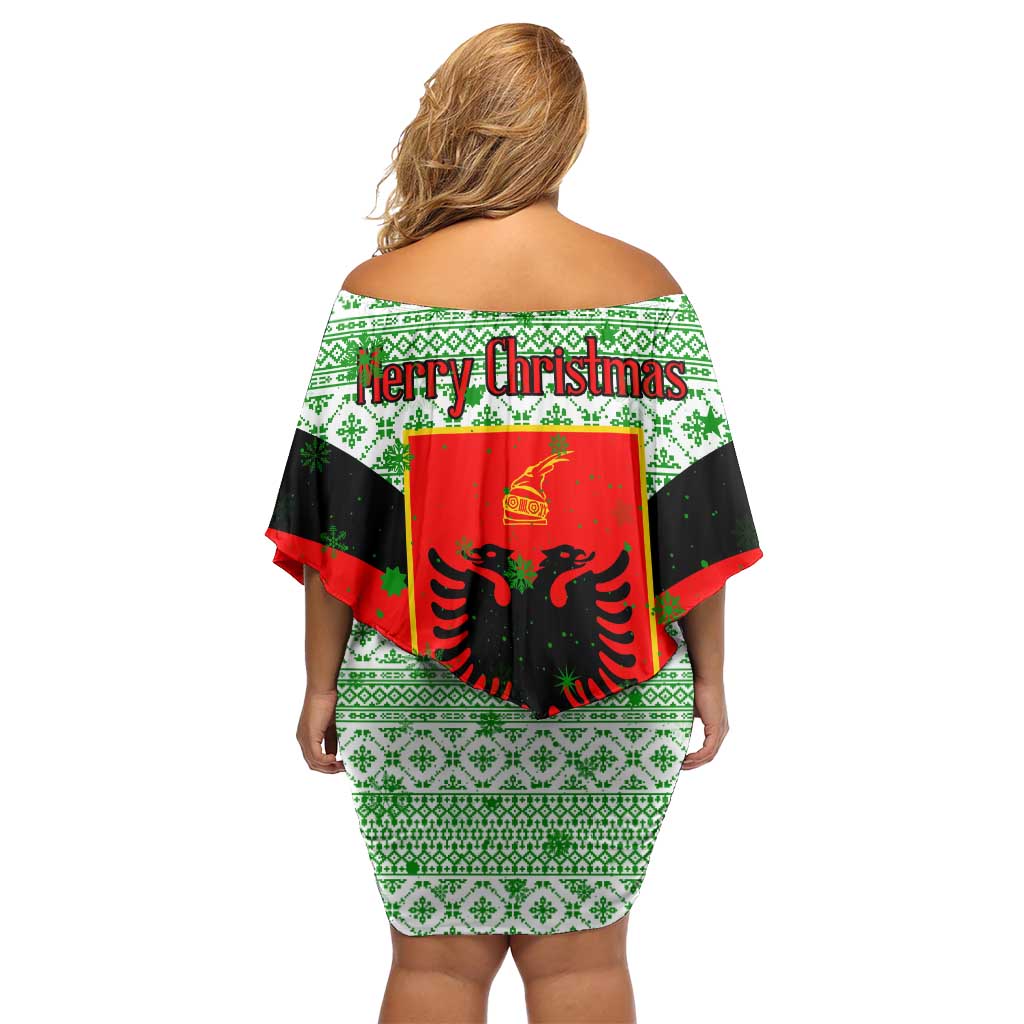 Albania Christmas Off Shoulder Short Dress with Green-Red Design, Double-Headed Eagle Emblem, and Santa Motif - Wonder Print Shop