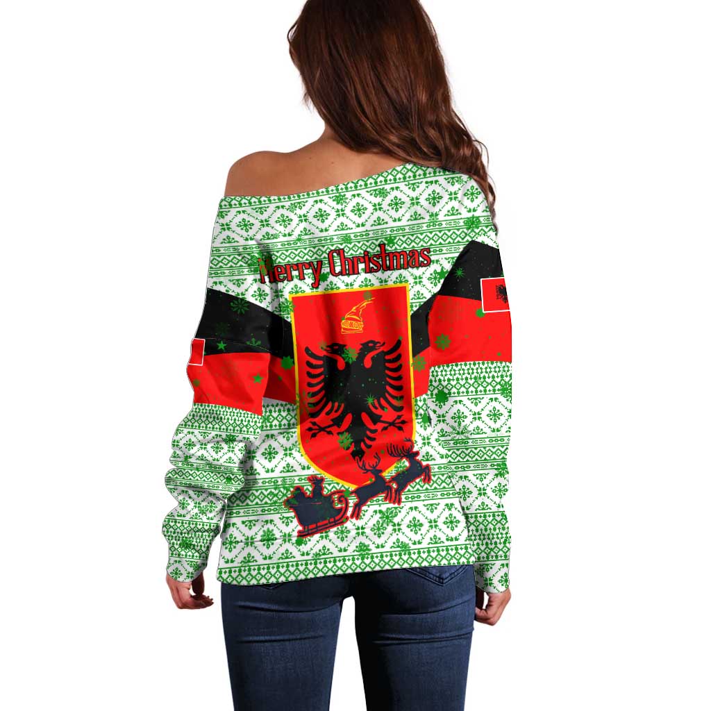 Albania Christmas Off Shoulder Sweater with Green-Red Design, Double-Headed Eagle Emblem, and Santa Motif - Wonder Print Shop