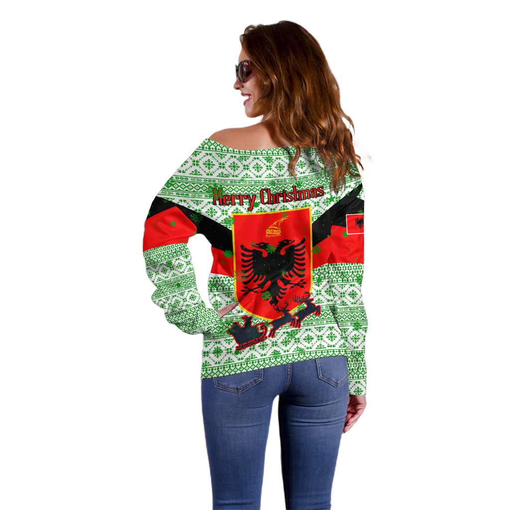 Albania Christmas Off Shoulder Sweater with Green-Red Design, Double-Headed Eagle Emblem, and Santa Motif - Wonder Print Shop