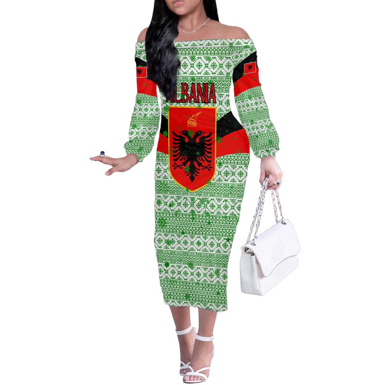 Albania Christmas Off The Shoulder Long Sleeve Dress with Green-Red Design, Double-Headed Eagle Emblem, and Santa Motif - Wonder Print Shop