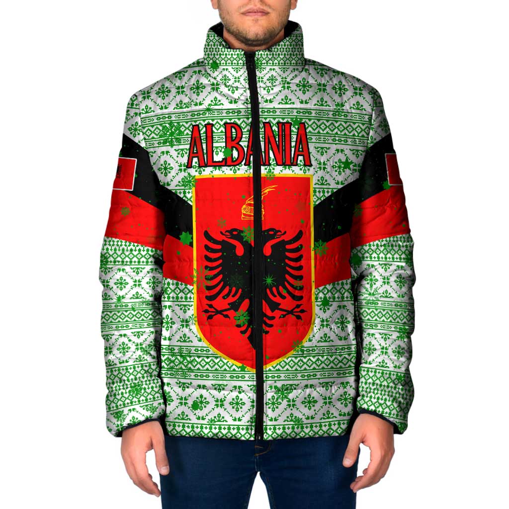 Albania Christmas Padded Jacket with Green-Red Design, Double-Headed Eagle Emblem, and Santa Motif - Wonder Print Shop
