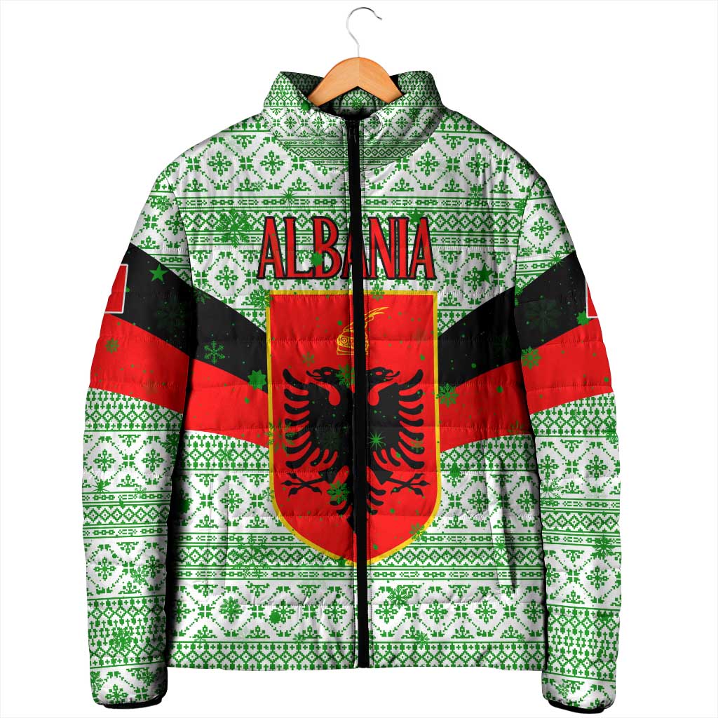 Albania Christmas Padded Jacket with Green-Red Design, Double-Headed Eagle Emblem, and Santa Motif - Wonder Print Shop