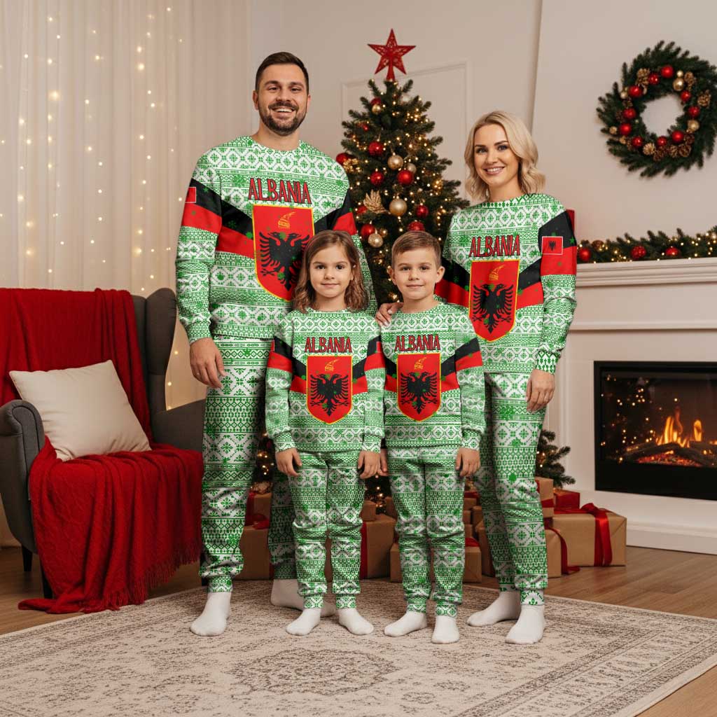 Albania Christmas Pajama Set with Green-Red Design, Double-Headed Eagle Emblem, and Santa Motif - Wonder Print Shop