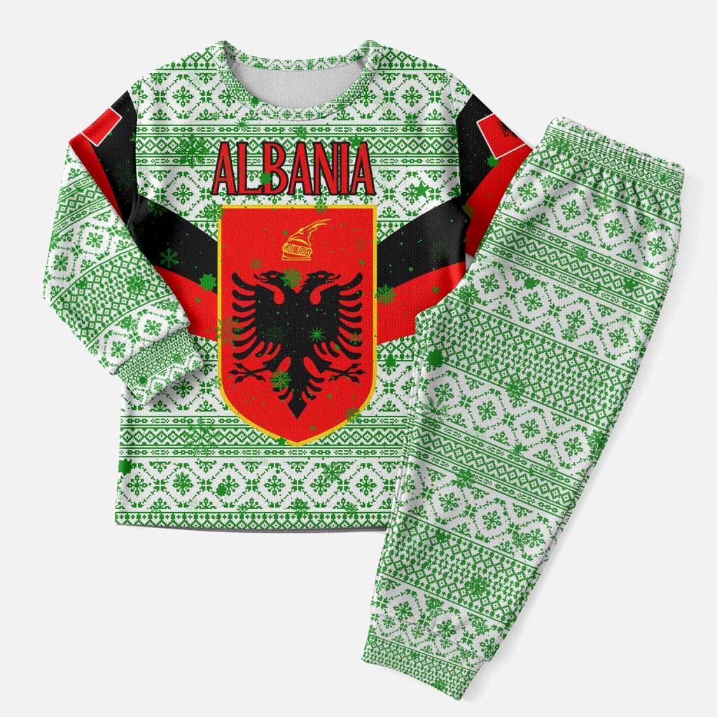 Albania Christmas Pajama Set with Green-Red Design, Double-Headed Eagle Emblem, and Santa Motif - Wonder Print Shop
