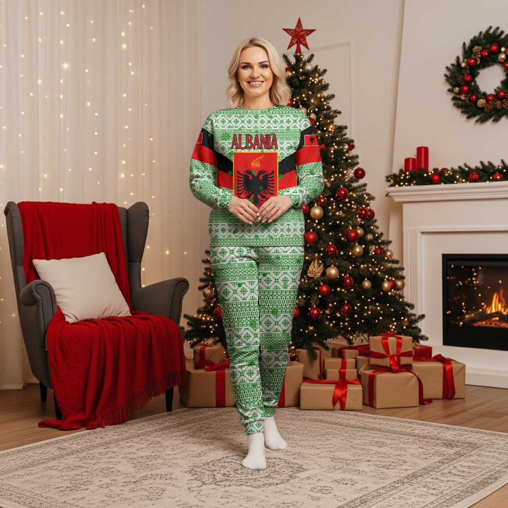Albania Christmas Pajama Set with Green-Red Design, Double-Headed Eagle Emblem, and Santa Motif - Wonder Print Shop