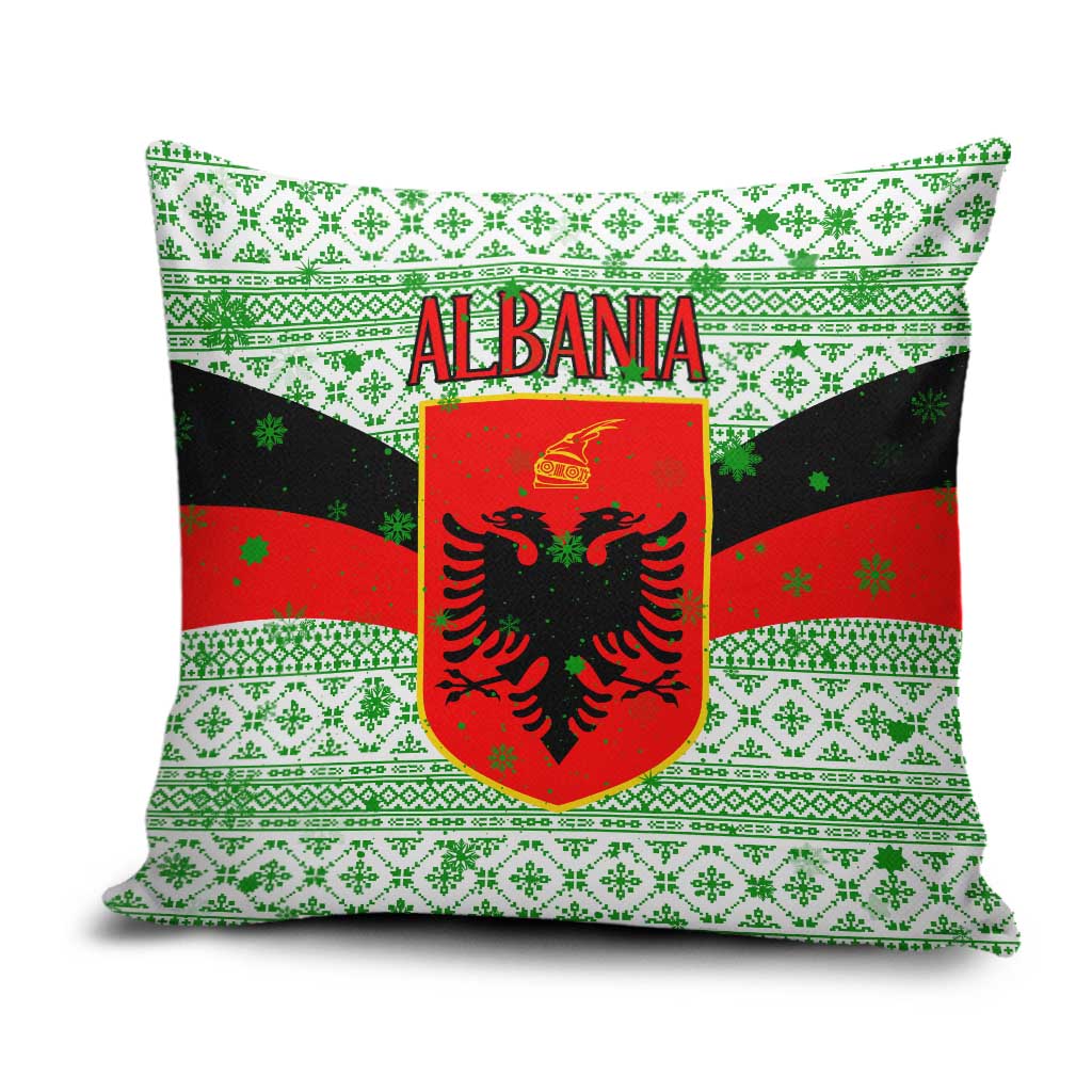 Albania Christmas Pillow Cover with Green-Red Design, Double-Headed Eagle Emblem, and Santa Motif - Wonder Print Shop