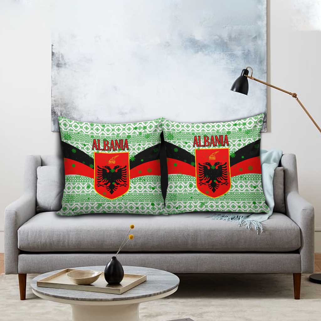 Albania Christmas Pillow Cover with Green-Red Design, Double-Headed Eagle Emblem, and Santa Motif - Wonder Print Shop