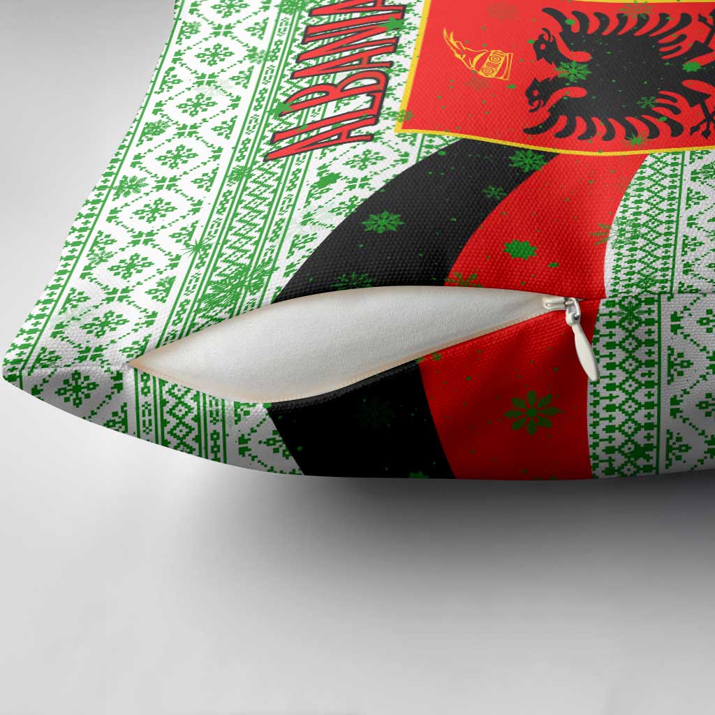 Albania Christmas Pillow Cover with Green-Red Design, Double-Headed Eagle Emblem, and Santa Motif - Wonder Print Shop
