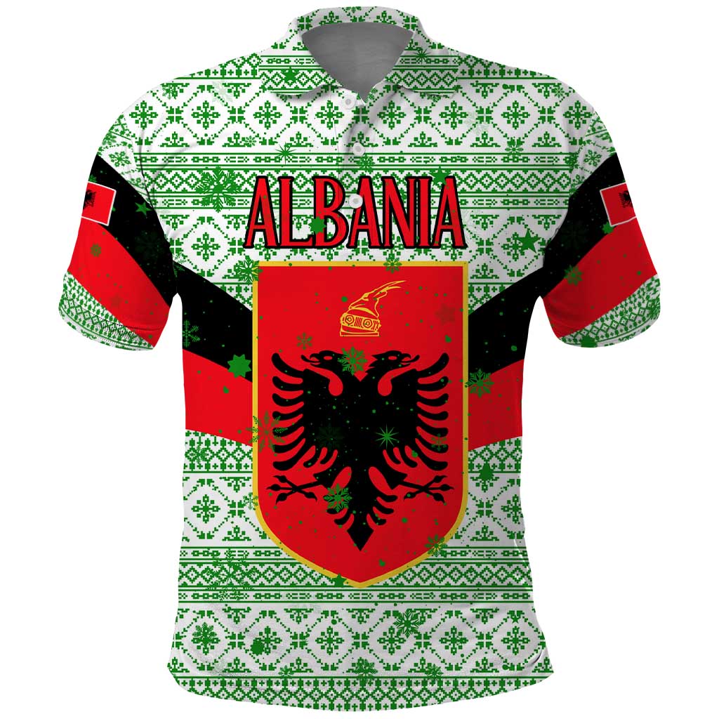 Albania Christmas Polo Shirt with Green-Red Design, Double-Headed Eagle Emblem, and Santa Motif - Wonder Print Shop