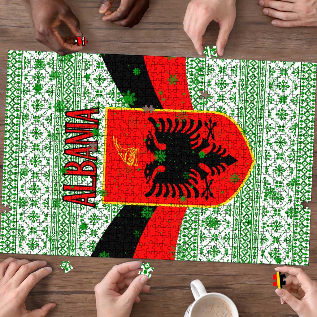 Albania Christmas Puzzle with Green-Red Design, Double-Headed Eagle Emblem, and Santa Motif - Wonder Print Shop