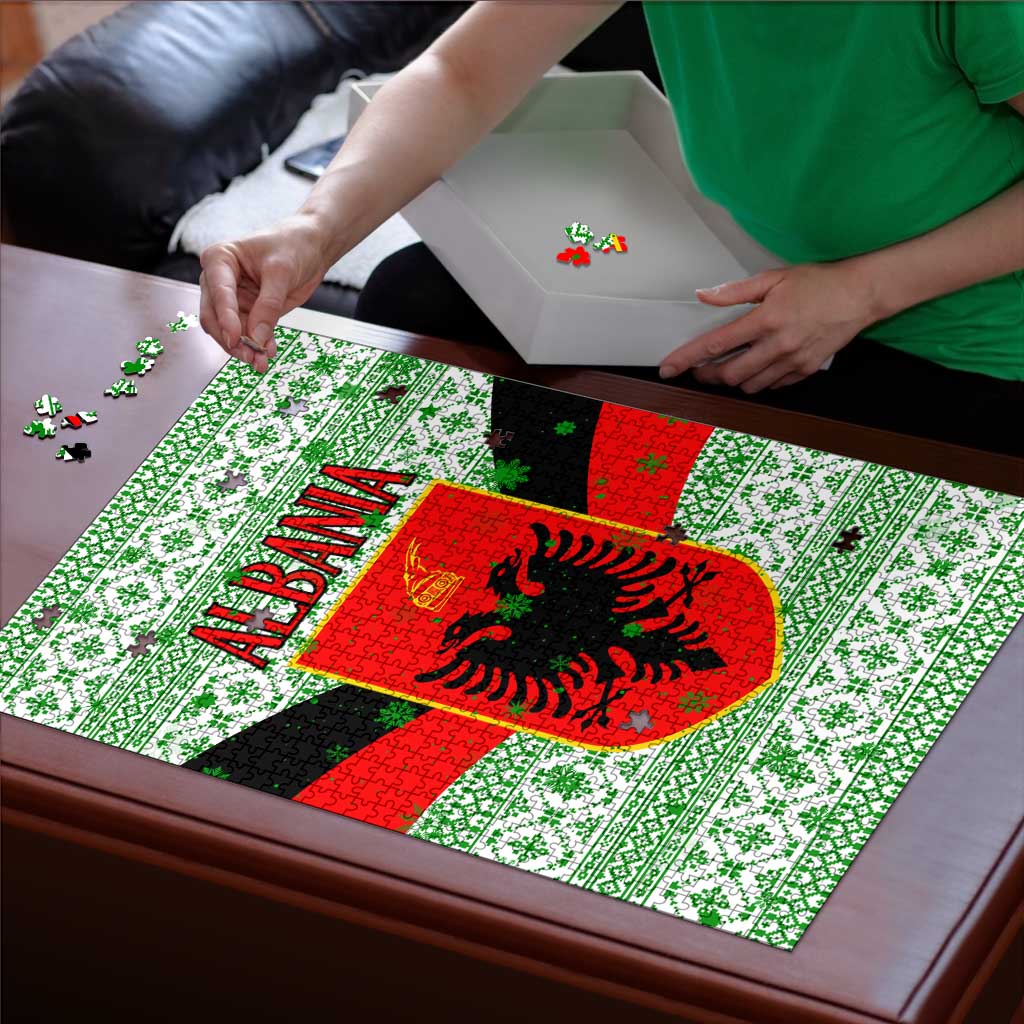 Albania Christmas Puzzle with Green-Red Design, Double-Headed Eagle Emblem, and Santa Motif - Wonder Print Shop