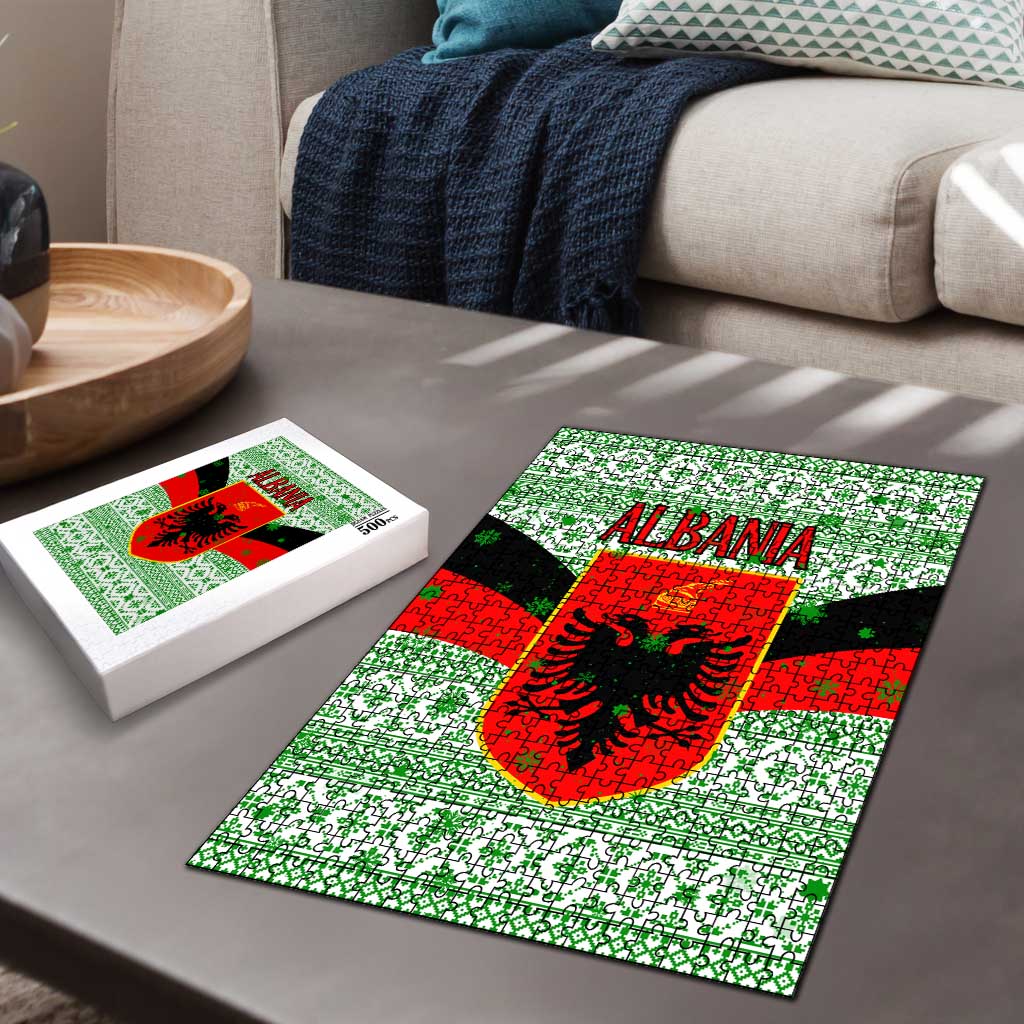 Albania Christmas Puzzle with Green-Red Design, Double-Headed Eagle Emblem, and Santa Motif - Wonder Print Shop
